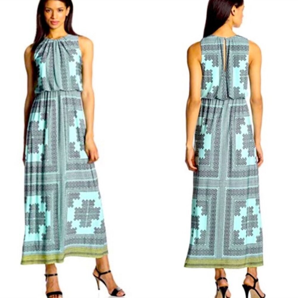 London Times Halter Maxi Dress Womens 12 Turquoise Black Geometric Print Resort